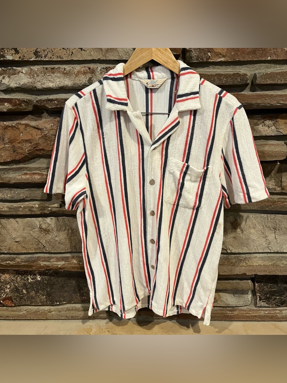 Faherty Cabana Terry Towel Short Sleeve Button Up Resort Shirt Beach Club Stripe
